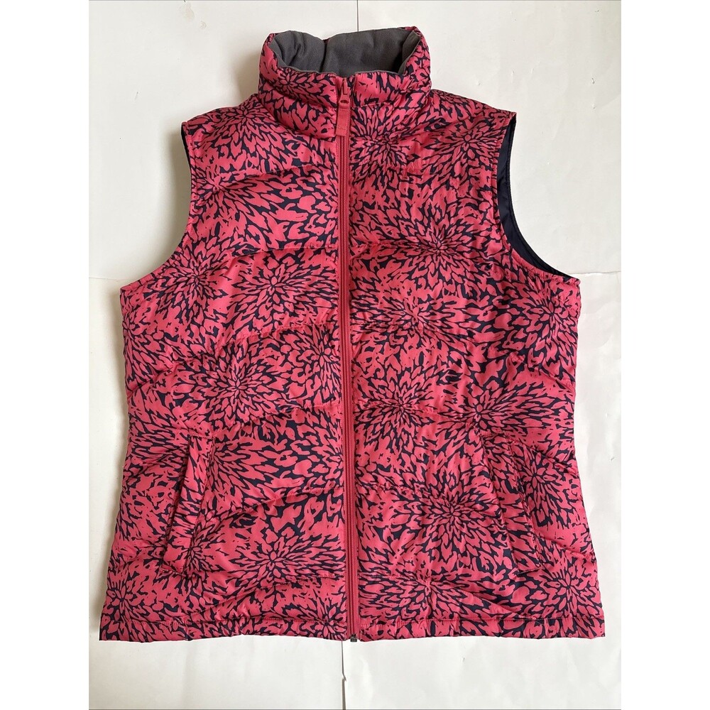 Ladies Lands End Down Puffer Vest Salmon/Navy Floral Size M
